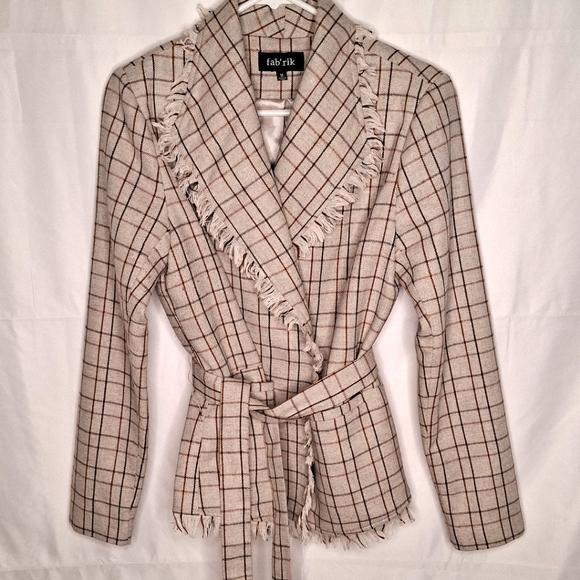 FAB'RIK Vienna Checkered Wrap belted Blazer fringe trim  Size Medium - Picture 1 of 10